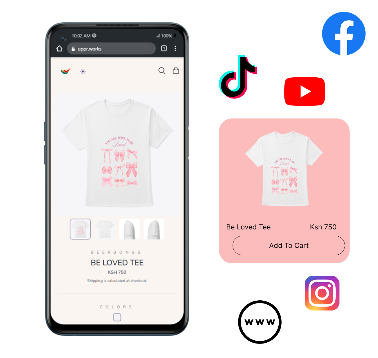 An abstract view window of the Shopify Admin. Overlayed the window is a TikTok sponsored video, a sponsored YouTube video and Google Ad, all three social ads featuring a purple teapot for sale. Small logos overlayed around the windows include: Marketplace Connect, Instagram, Facebook, TikTok, Google Ads, Amazon and eBay.